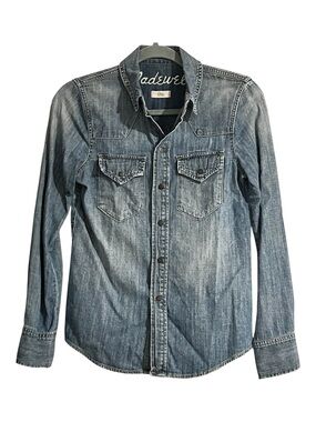 Madewell women’s denim shirt snap front pockets western country boho Sz XS